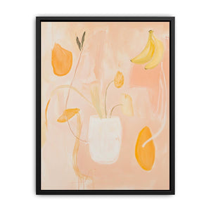 Soft peach abstract still life canvas art with floral vase and banana accents for bedroom decor.