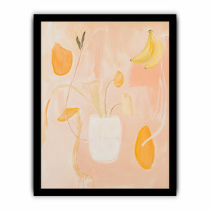 Soft peach abstract still life canvas art with floral vase and banana accents for bedroom decor.
