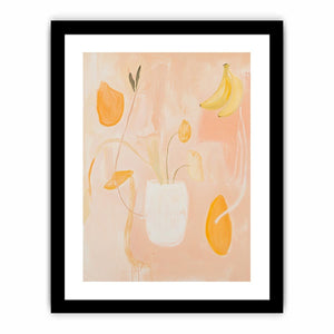 Soft peach abstract still life canvas art with floral vase and banana accents for bedroom decor.