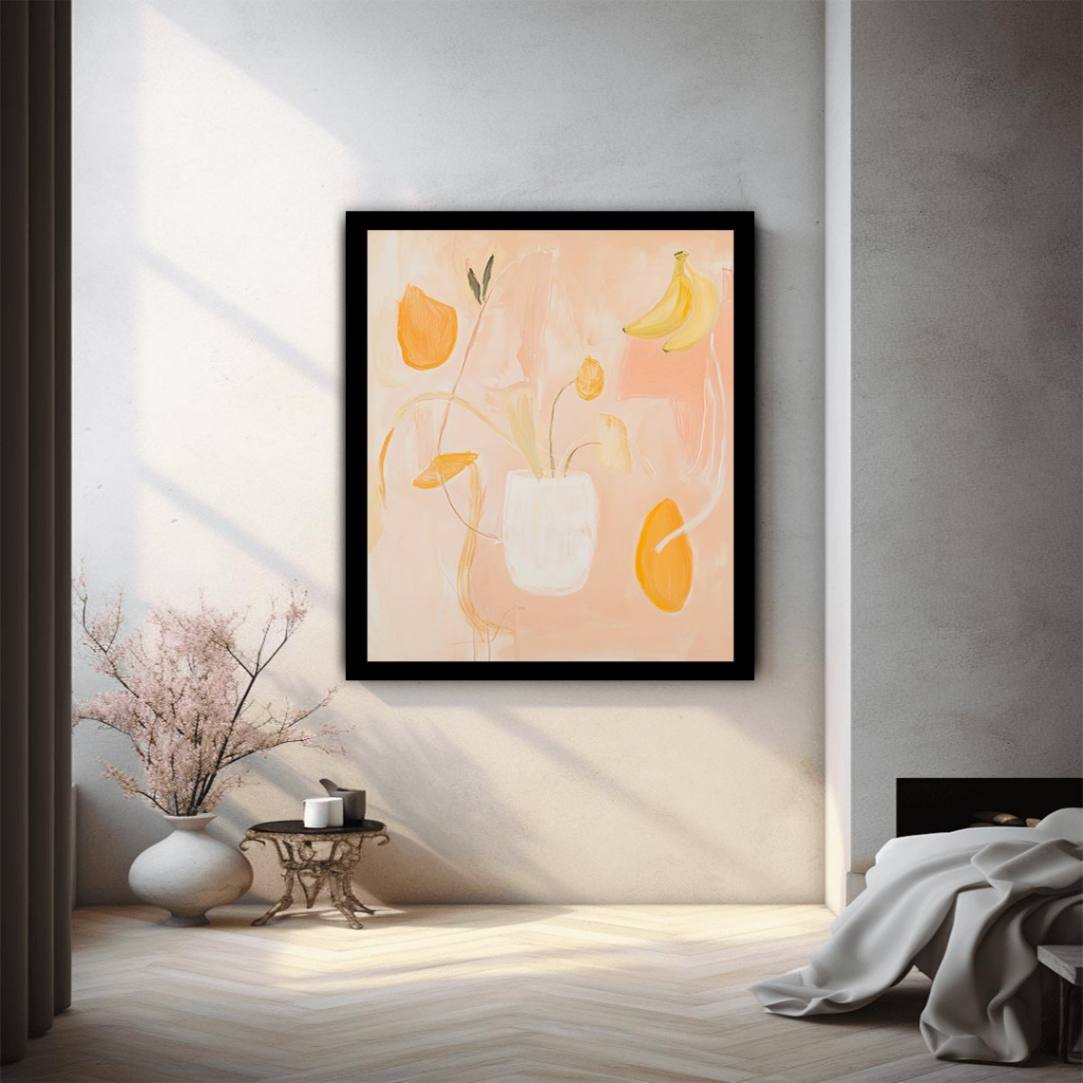 Soft peach abstract still life canvas art with floral vase and banana accents for bedroom decor.
