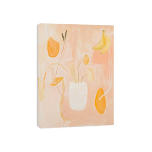 Soft peach abstract still life canvas art with floral vase and banana accents for bedroom decor.