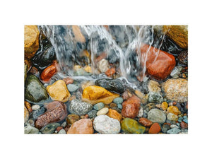 Close-up creek stones and flowing water photography canvas art for calming bathroom or office decor.