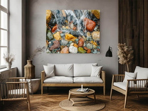 Close-up creek stones and flowing water photography canvas art for calming bathroom or office decor.