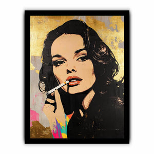 Glam pop art woman portrait canvas with gold texture and red lips for luxury wall decor.