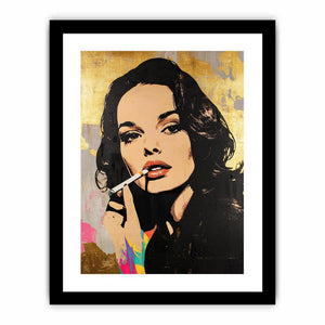 Glam pop art woman portrait canvas with gold texture and red lips for luxury wall decor.
