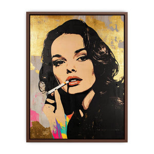 Glam pop art woman portrait canvas with gold texture and red lips for luxury wall decor.