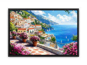 Mediterranean Amalfi coast canvas art with terrace flowers and blue sea for living room decor.