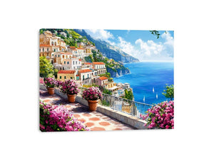 Mediterranean Amalfi coast canvas art with terrace flowers and blue sea for living room decor.