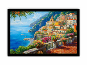 Colourful Positano coastal canvas art with sea, flowers, and cliffside village for living room decor.