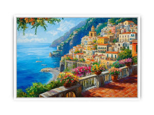 Colourful Positano coastal canvas art with sea, flowers, and cliffside village for living room decor.
