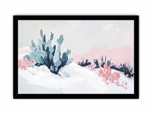 Soft desert cactus canvas art with blush pink and blue tones for calm bedroom or nursery decor.