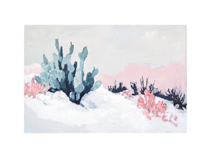 Soft desert cactus canvas art with blush pink and blue tones for calm bedroom or nursery decor.