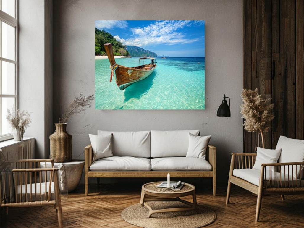 Tropical longtail boat canvas photography with turquoise water for beach house or bedroom decor.