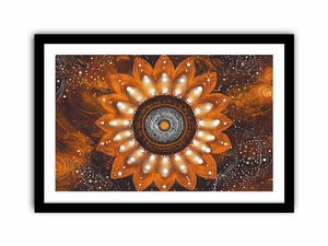 Orange mandala dot painting canvas art with floral pattern for bold living room wall decor.
