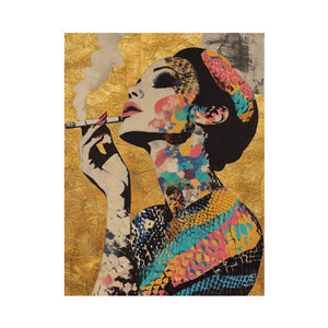 Glam fashion woman portrait canvas art with gold background for bedroom decor.