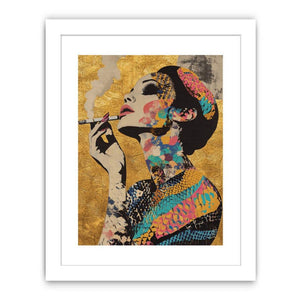 Glam fashion woman portrait canvas art with gold background for bedroom decor.