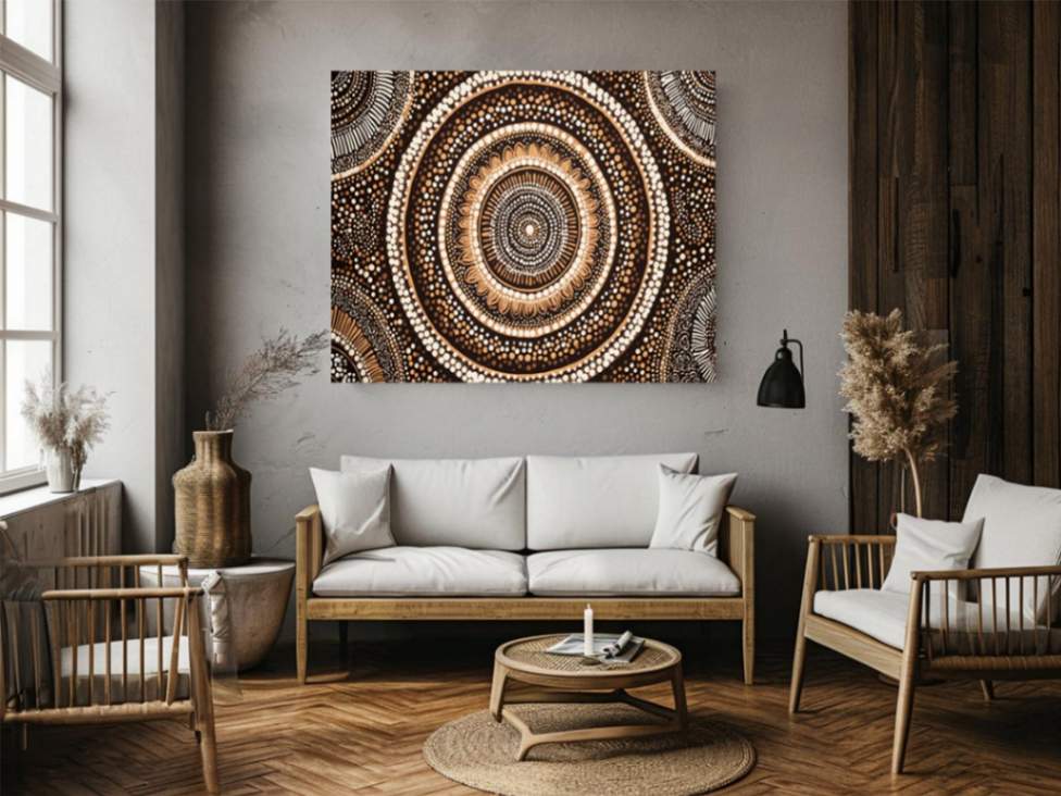 Earthy circular dot pattern canvas art for warm modern living room decor.