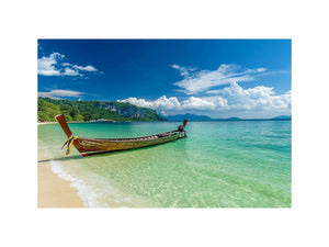 Tropical beach boat photography canvas art for coastal living room decor.
