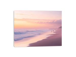 Pastel beach shoreline canvas print with pink sky, soft ocean waves, distant pier and people walking at sunset