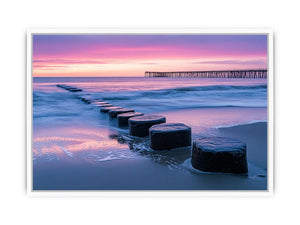 Coastal sunset pier photography canvas art for modern living room decor.