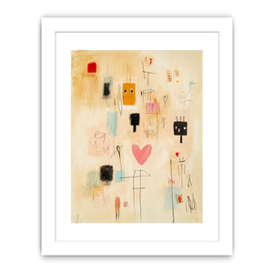 Playful abstract heart canvas art with hand drawn faces for kids room decor.