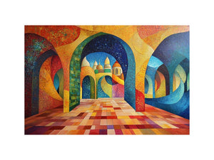Colourful geometric arch canvas art for luxury dining room decor.