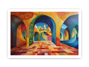 Colourful geometric arch canvas art for luxury dining room decor.
