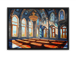 Architectural cathedral hall canvas art with stained glass for elegant hallway decor.