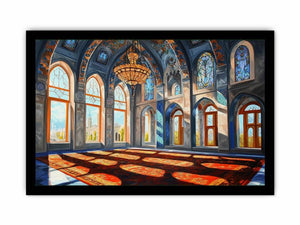 Architectural cathedral hall canvas art with stained glass for elegant hallway decor.