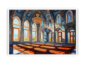 Architectural cathedral hall canvas art with stained glass for elegant hallway decor.