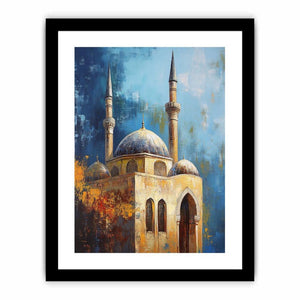 Blue mosque architecture canvas art with domes and minarets for refined office decor.