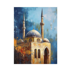 Blue mosque architecture canvas art with domes and minarets for refined office decor.