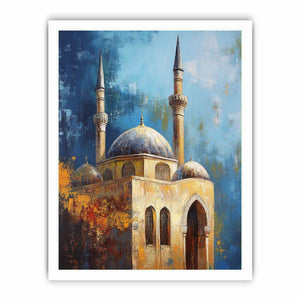Blue mosque architecture canvas art with domes and minarets for refined office decor.