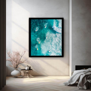 Aerial ocean surfers artwork for modern coastal living room decor
