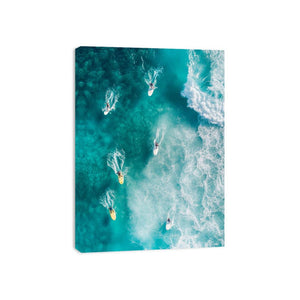 Aerial ocean surfers artwork for modern coastal living room decor