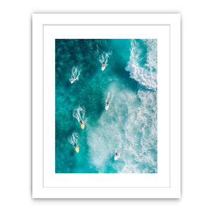 Aerial ocean surfers artwork for modern coastal living room decor