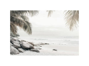 Neutral beach shoreline with palm trees for calming bedroom decor