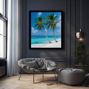 Tropical palm trees by turquoise ocean for coastal living room decor