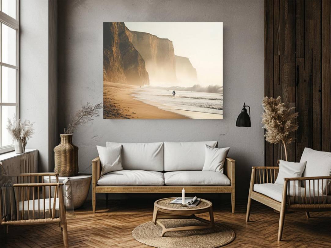 Coastal cliff beach photography wall art for modern living room decor