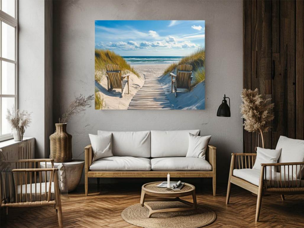 Beach boardwalk and dune coastal artwork for serene bedroom decor