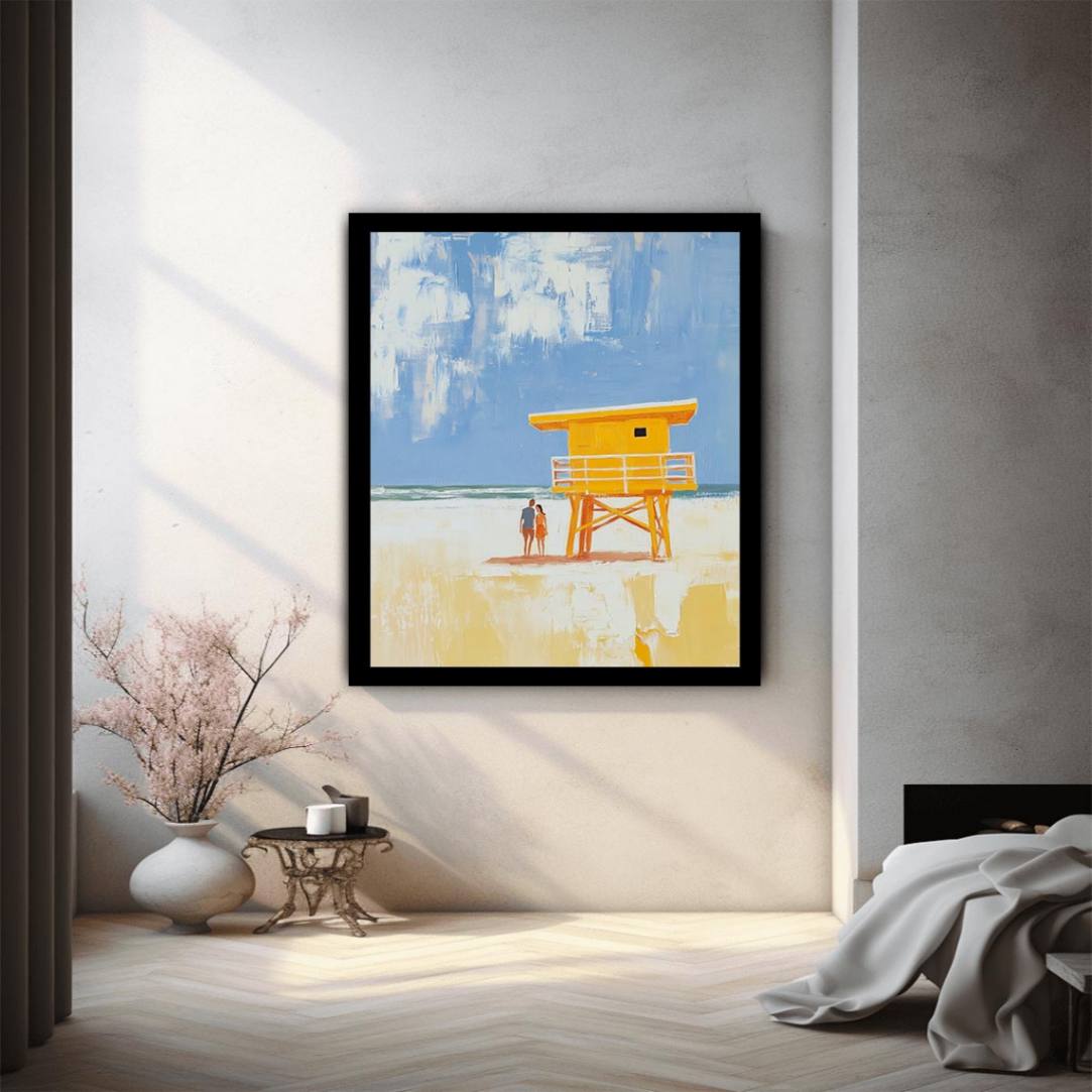 Coastal lifeguard tower artwork for beach house and modern bedroom decor