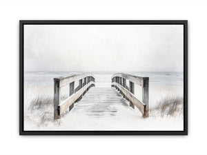 Black and white coastal boardwalk artwork for minimalist living room decor