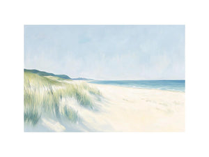 Soft coastal dunes and shoreline artwork for serene living room or beach house decor.