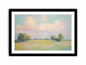 Pastel meadow landscape artwork for peaceful bedroom and living room decor.