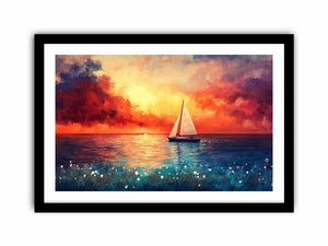 Colorful sailboat sunset artwork for luxury living room and modern coastal decor.