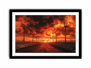 Renewable energy landscape with wind turbines and solar panels under a dramatic fiery sunset for modern office decor