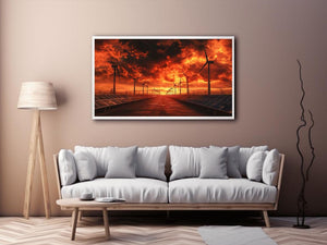 Renewable energy landscape with wind turbines and solar panels under a dramatic fiery sunset for modern office decor