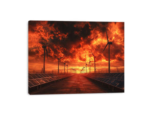 Renewable energy landscape with wind turbines and solar panels under a dramatic fiery sunset for modern office decor