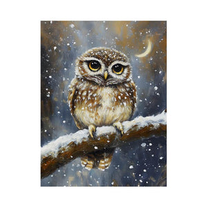Snowy owl artwork perched on a branch beneath a moonlit winter sky for bedroom decor