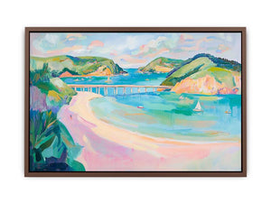 Pastel coastal landscape artwork with sailboats and bay views for bright beach house decor